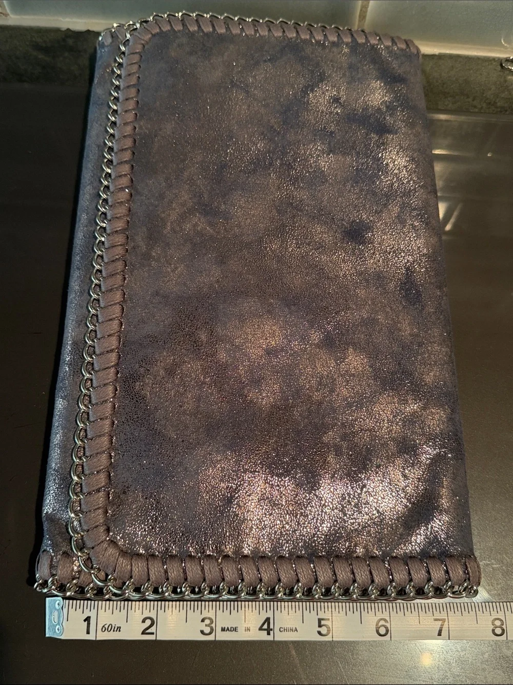 Phaser Purplish Gray Metallic Leather Crossbody Clutch with Chain Trim